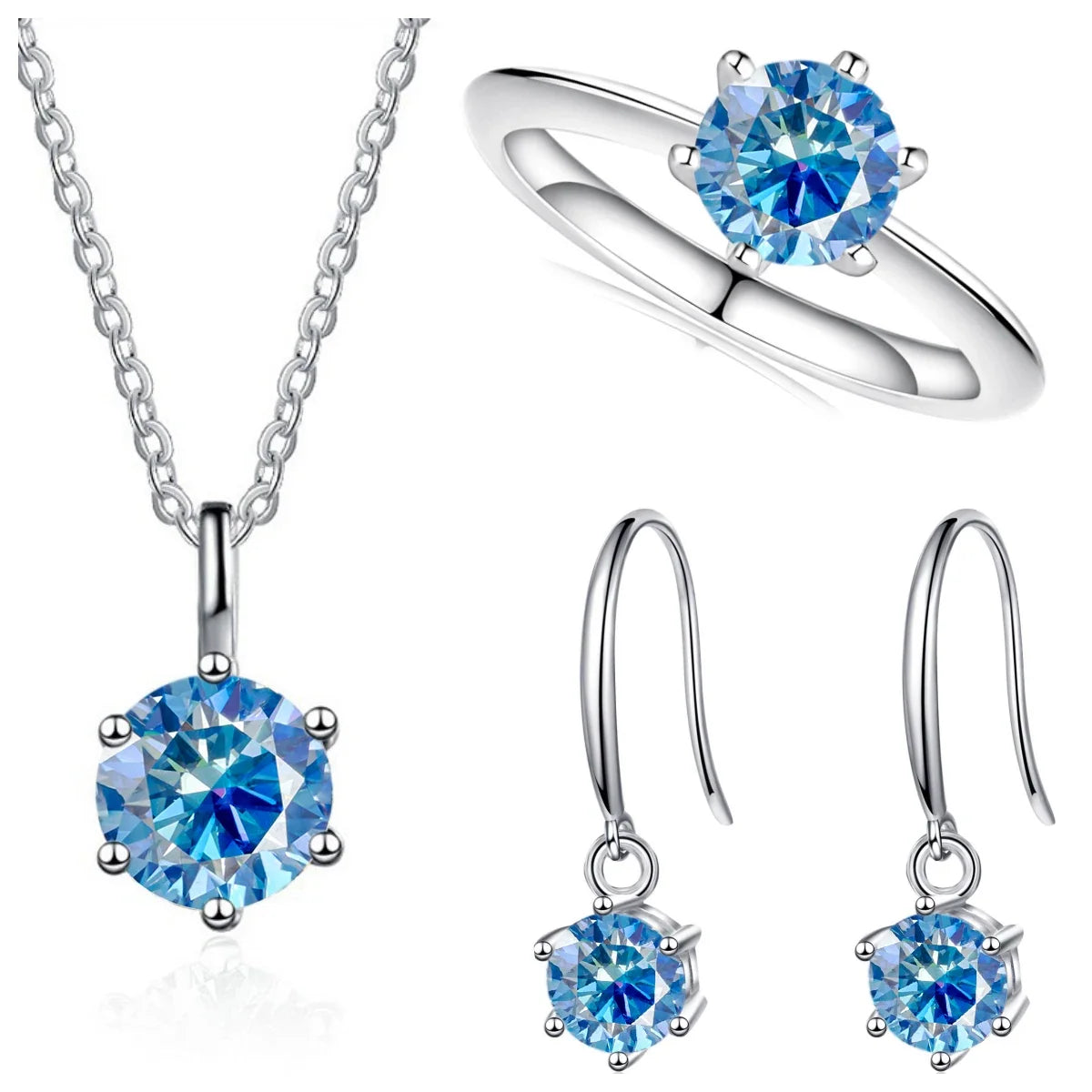 Colored Moissanite Necklace, Drop Earrings & Ring Set in Silver