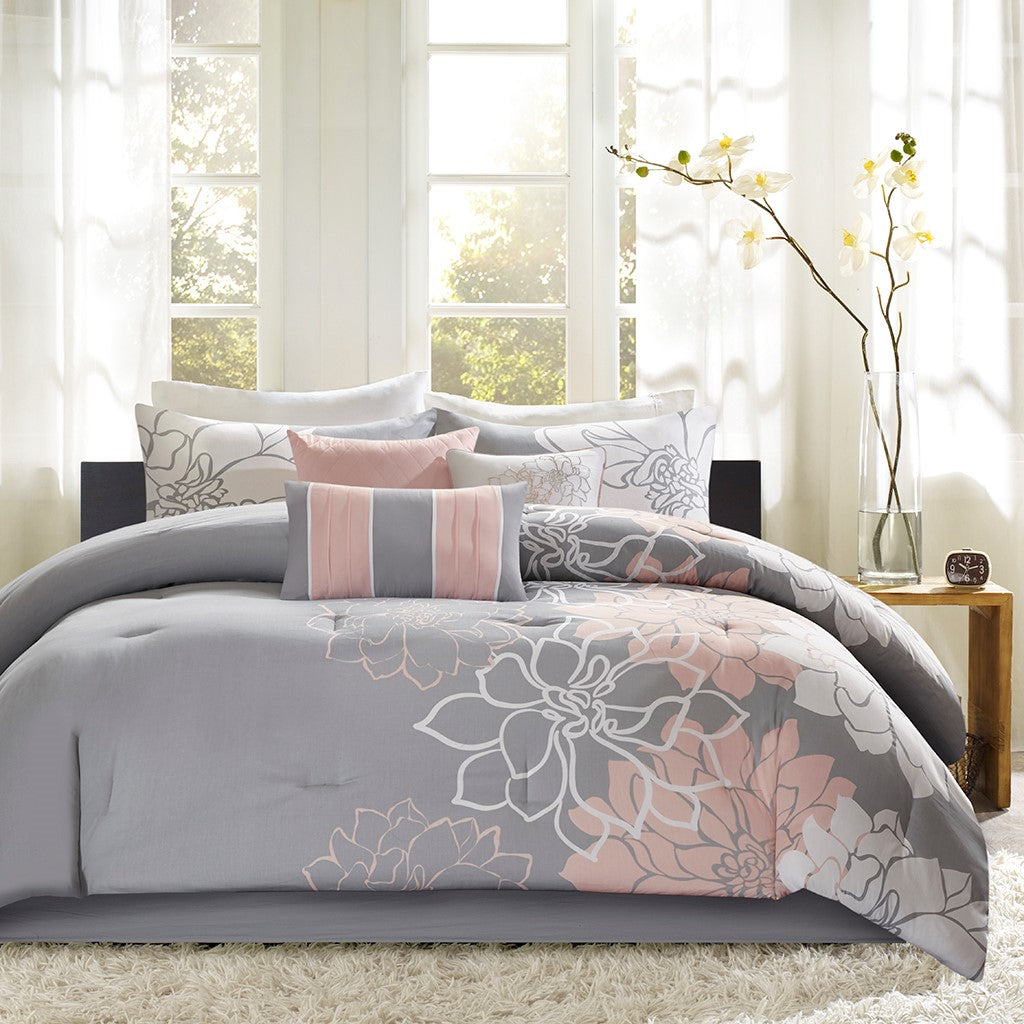 Printed Cotton Sateen Comforter Set - Grey/Peach King
