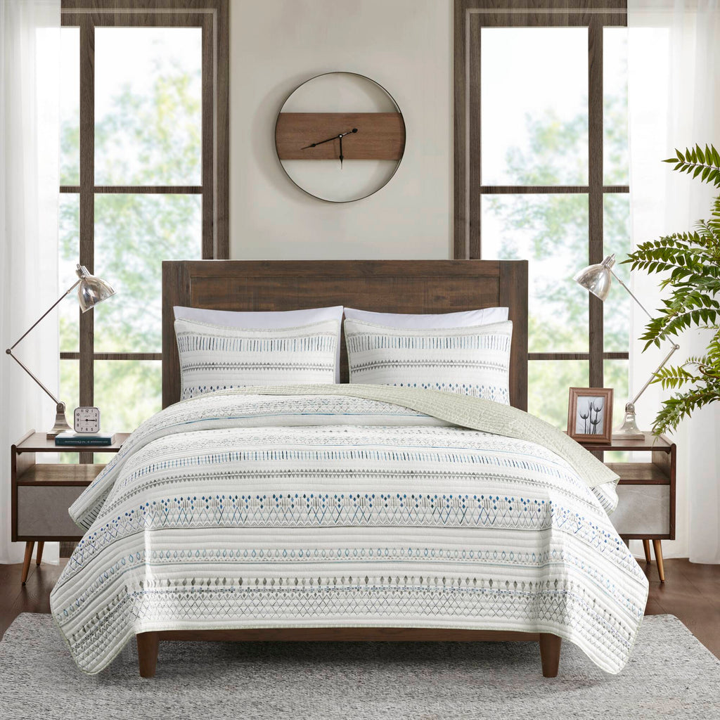 3 Piece Printed Microfiber Seersucker Quilt Set Taupe/Blue Full/Queen