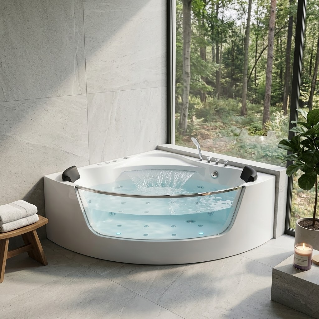 59" Corner Whirlpool Bathtub with Hydro Massage Jets - White Acrylic