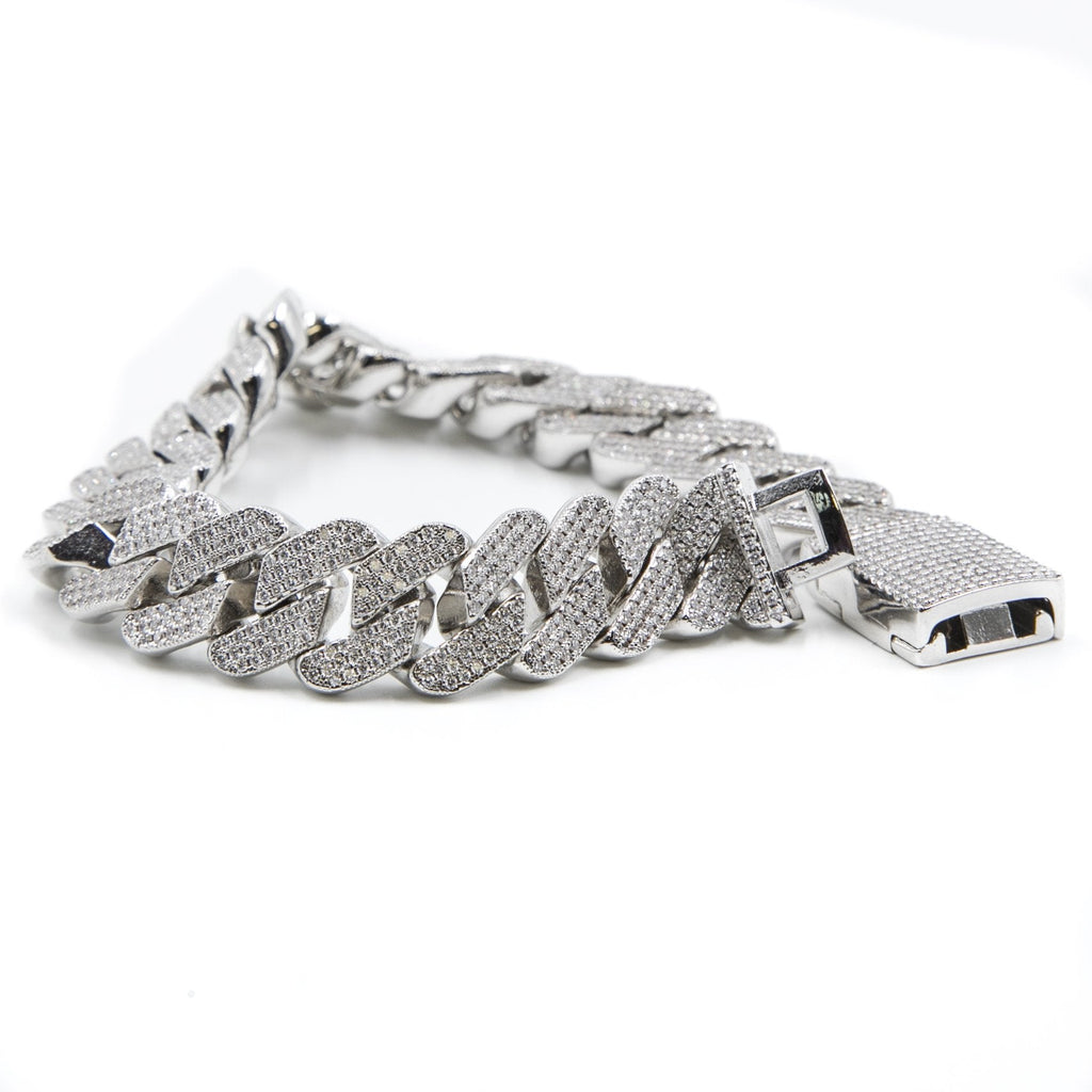 Studded Prong Set Cuban Link Bracelet - Silver