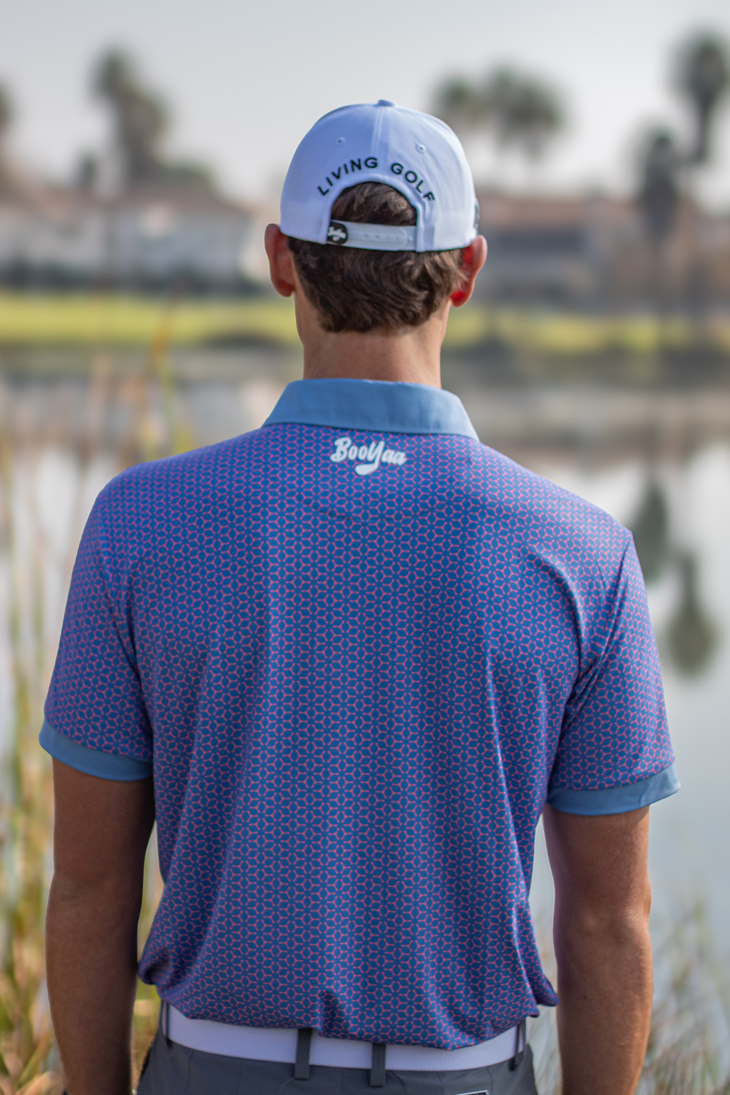 BooYaa Premium Men's Golf Polo, Fowler Pink and Blue Geometric Print, 4-Way Stretch