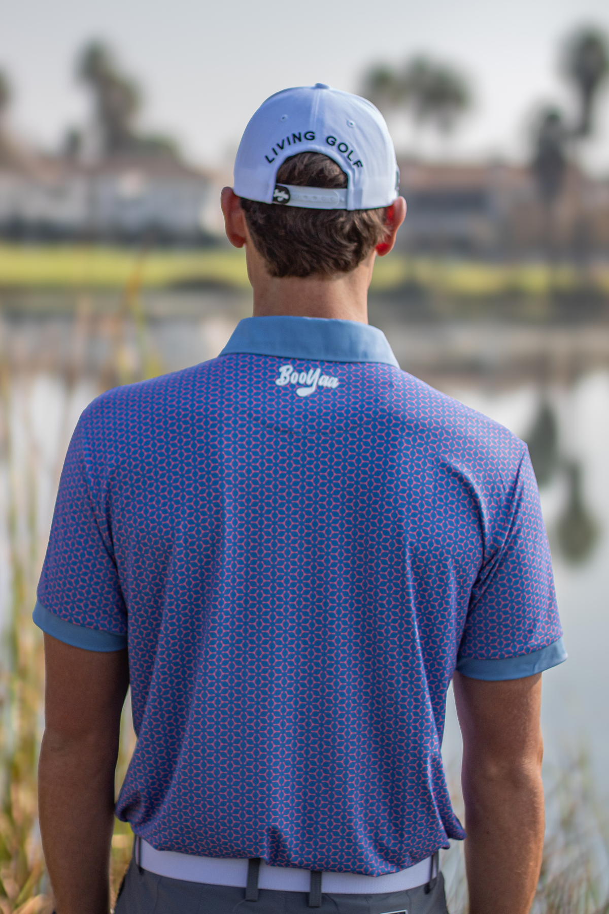 BooYaa Premium Men's Golf Polo, Fowler Pink and Blue Geometric Print, 4-Way Stretch