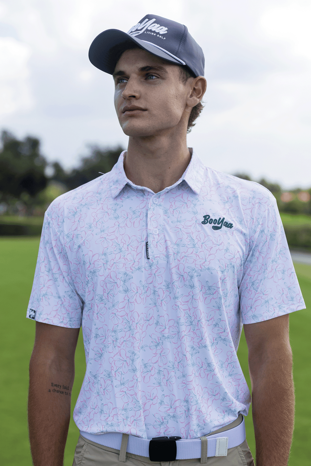BooYaa Premium Men's Golf Polo, Rosebay White Floral Print, 4-Way Stretch, Moisture-Wicking