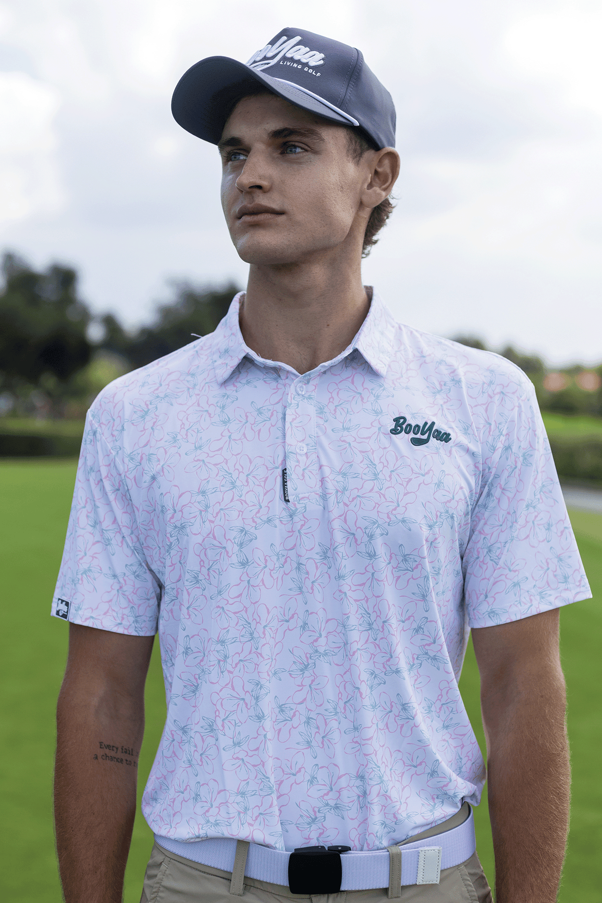 BooYaa Premium Men's Golf Polo, Rosebay White Floral Print, 4-Way Stretch, Moisture-Wicking