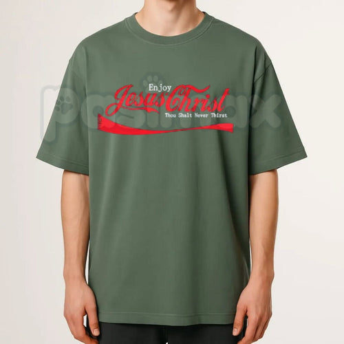 "Enjoy Jesus" Vintage Soda Script T-Shirt – Classic Retro Pop Graphic Tee, Remastered Heavy Cotton Faith-Based Top, Soft Lived-In Spiritual Conversation Starter Shirt, Made in USA