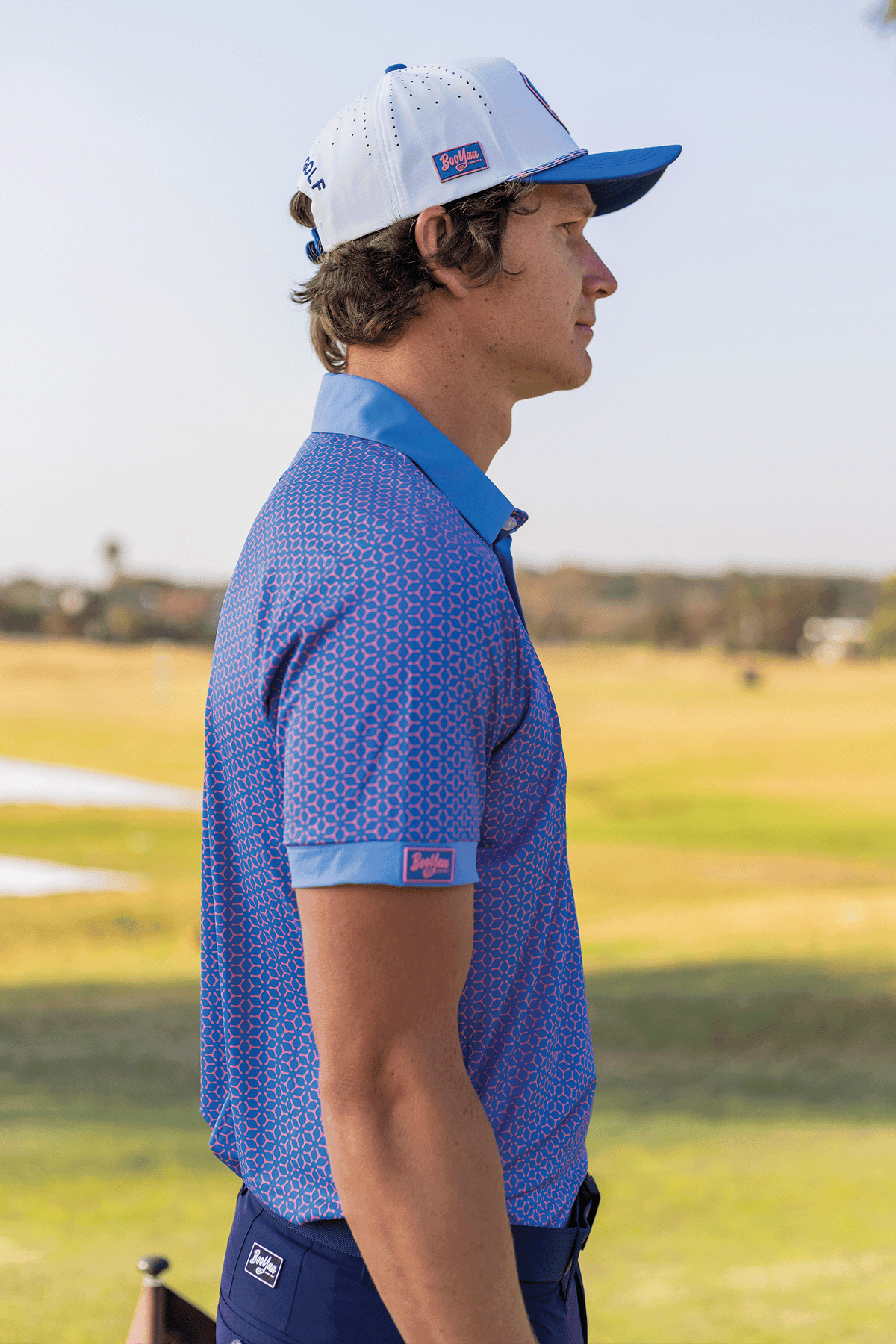 BooYaa Premium Men's Golf Polo, Fowler Pink and Blue Geometric Print, 4-Way Stretch