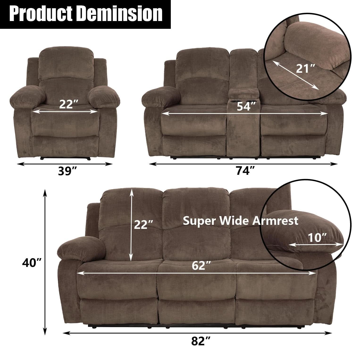 Recliner Sofa Set With Drop Down Table And Storage Console Brown Velvet