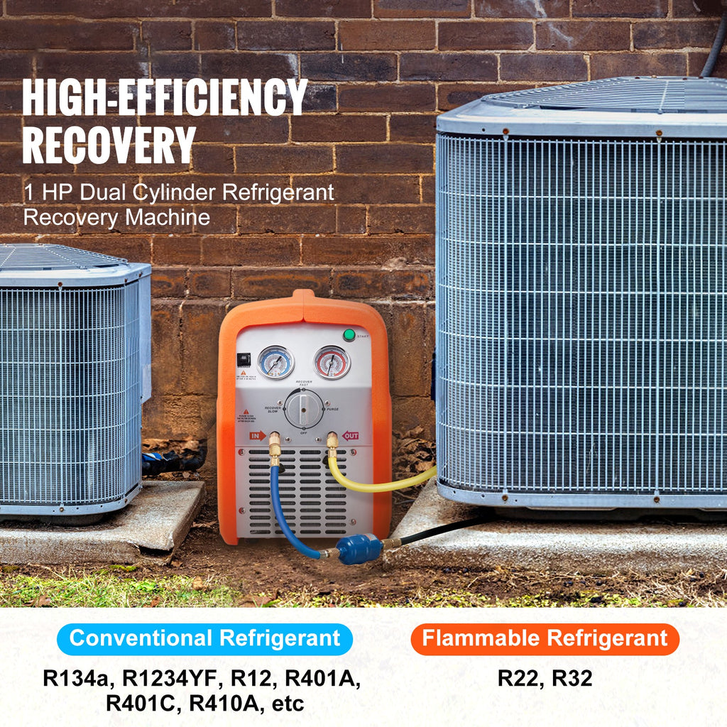 1 HP Refrigerant Recovery Machine - Dual Cylinder Portable AC Recovery