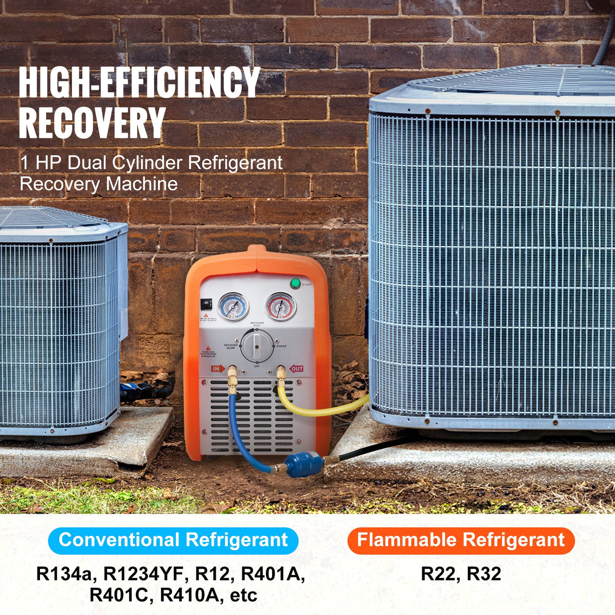 1 HP Refrigerant Recovery Machine - Dual Cylinder Portable AC Recovery
