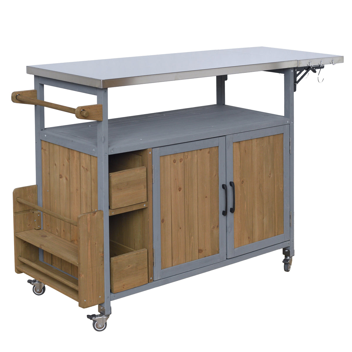 Farmhouse Rolling Outdoor Kitchen Cart with Stainless Steel Top - Blue Gray & Walnut