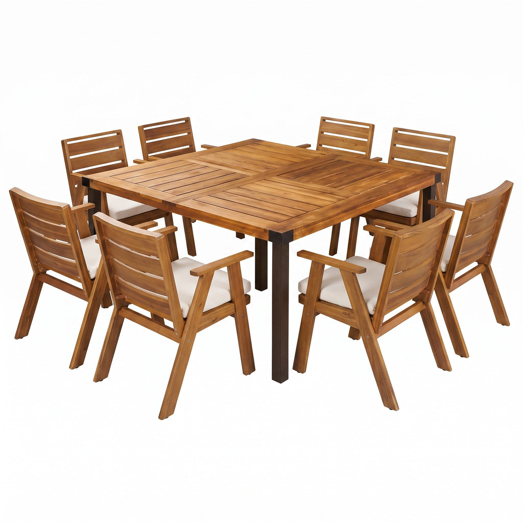 9‑Piece Acacia Wood Outdoor Dining Set, 64" Square Teak Finish Wooden Table & 8 Arm Chairs with