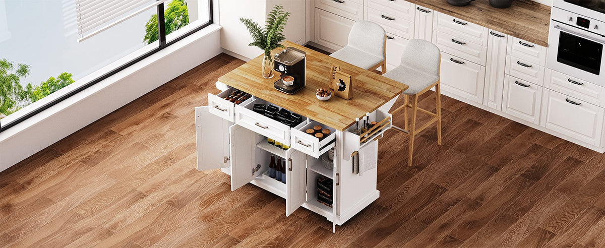 54-Inch Large Kitchen Island with Drop Leaf and Storage - White