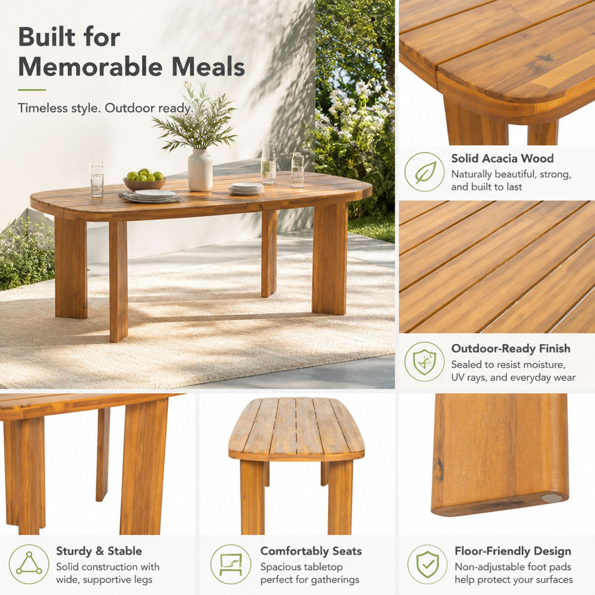7‑Piece Acacia Wood Outdoor Dining Set, 71" Oval Teak‑Finish Wooden Table & 6 Arm Chairs with