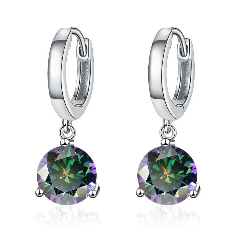 Colorful Solitaire Moissanite Hoop Drop Earrings in Sterling Silver