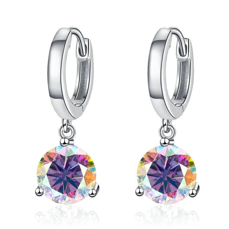 Colorful Solitaire Moissanite Hoop Drop Earrings in Sterling Silver