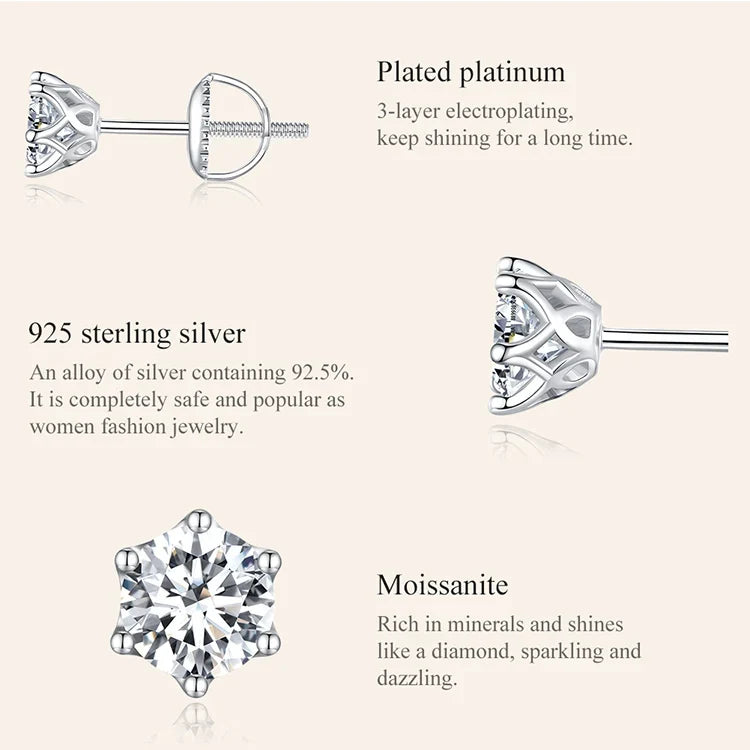 Round Moissanite Screw-Back Stud Earrings in Silver