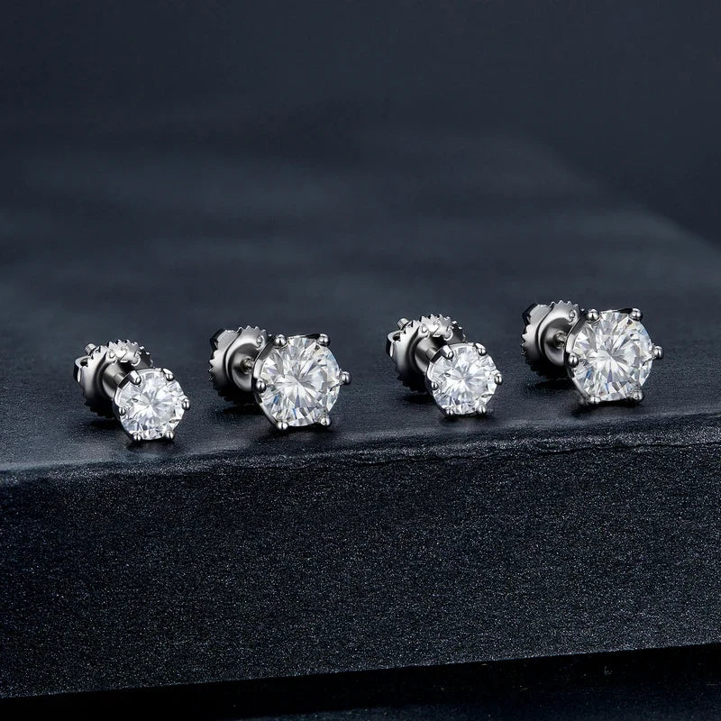 Round Moissanite Screw-Back Stud Earrings in Silver