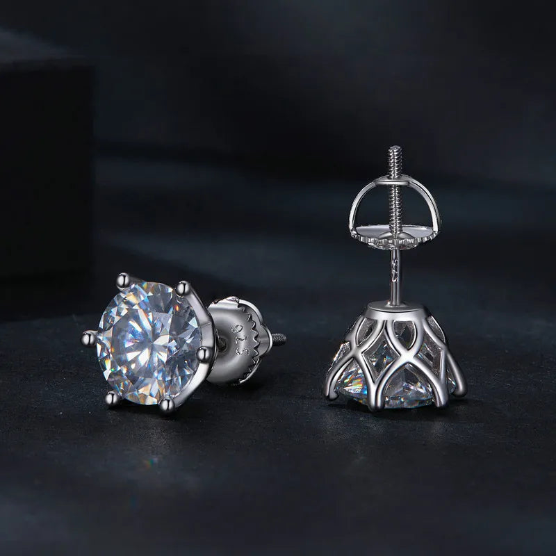 Round Moissanite Screw-Back Stud Earrings in Silver