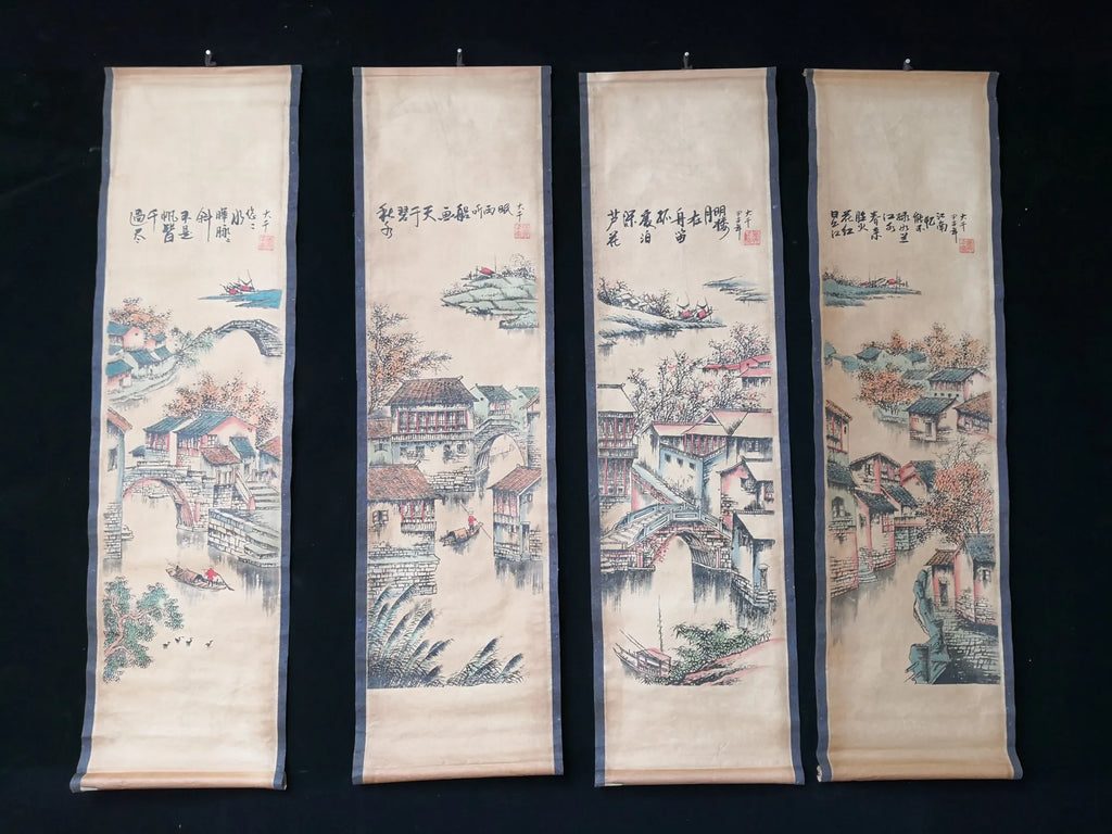 Jiangnan Landscape Chinese Four-Panel Splendid Hanging Scroll Posters on Xuan Paper