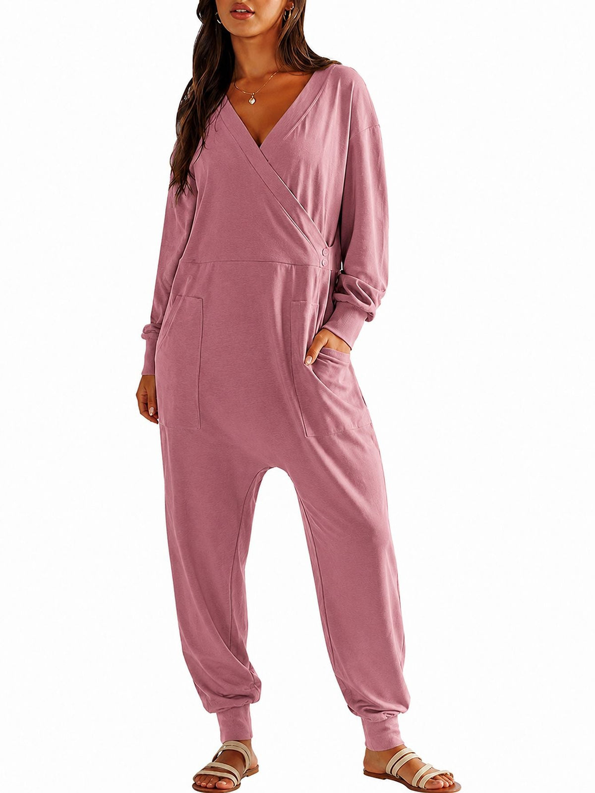 Loose-fit V-neck Casual Long-sleeve Jumpsuit