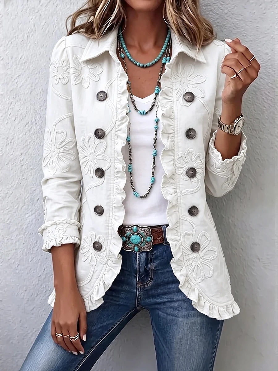 Floral Embroidered Ruffle Trim Double-Breasted Boho Cardigans