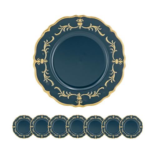 Plastic Charger Plate Set of 8 with Durable Polypropylene Construction - Blue / Gold