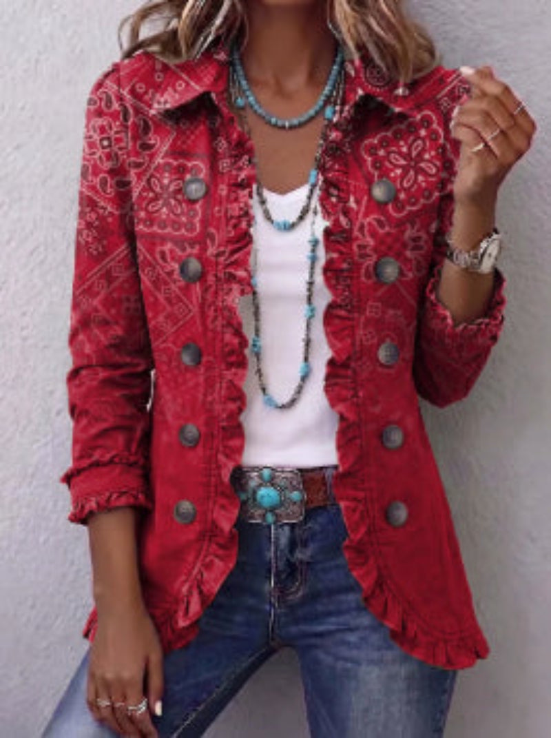 Floral Embroidered Ruffle Trim Double-Breasted Boho Cardigans