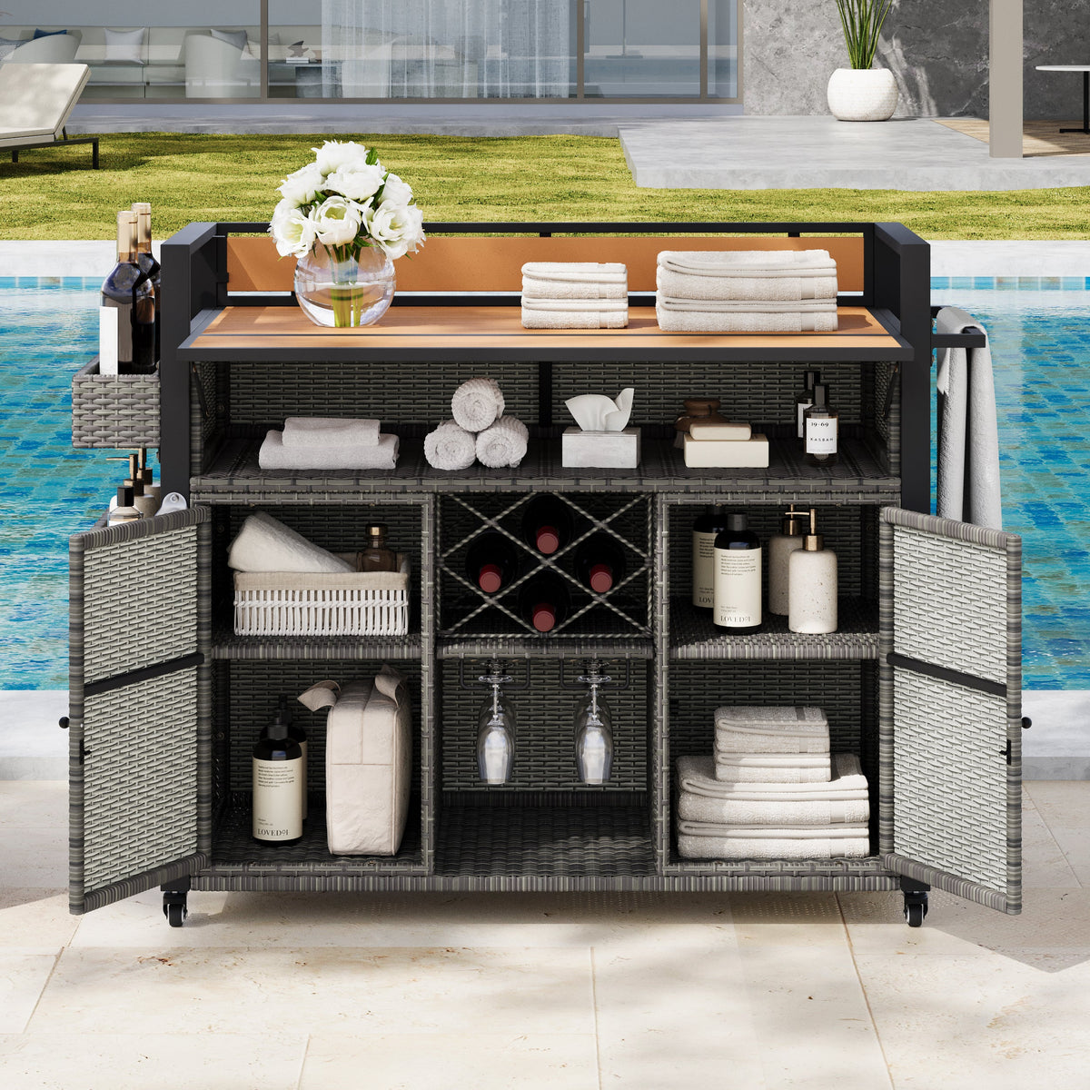 Wicker Outdoor Grill Cart with Extended Table Top and Storage Cabinet - Black Brown or Grey