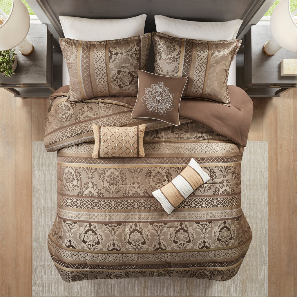 7 Piece Jacquard Comforter Set with Decorative Pillows - Brown & Gold California King