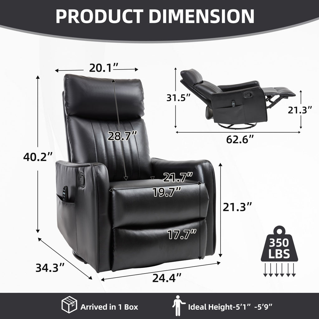 Black Faux Leather Recliner Chair with Heat & Massage - Manual Recliner