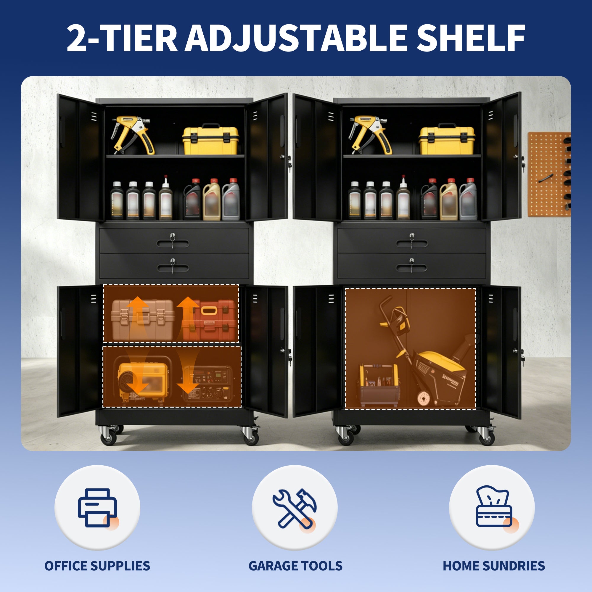 Metal Storage Cabinet with Two Drawers and Locking Doors