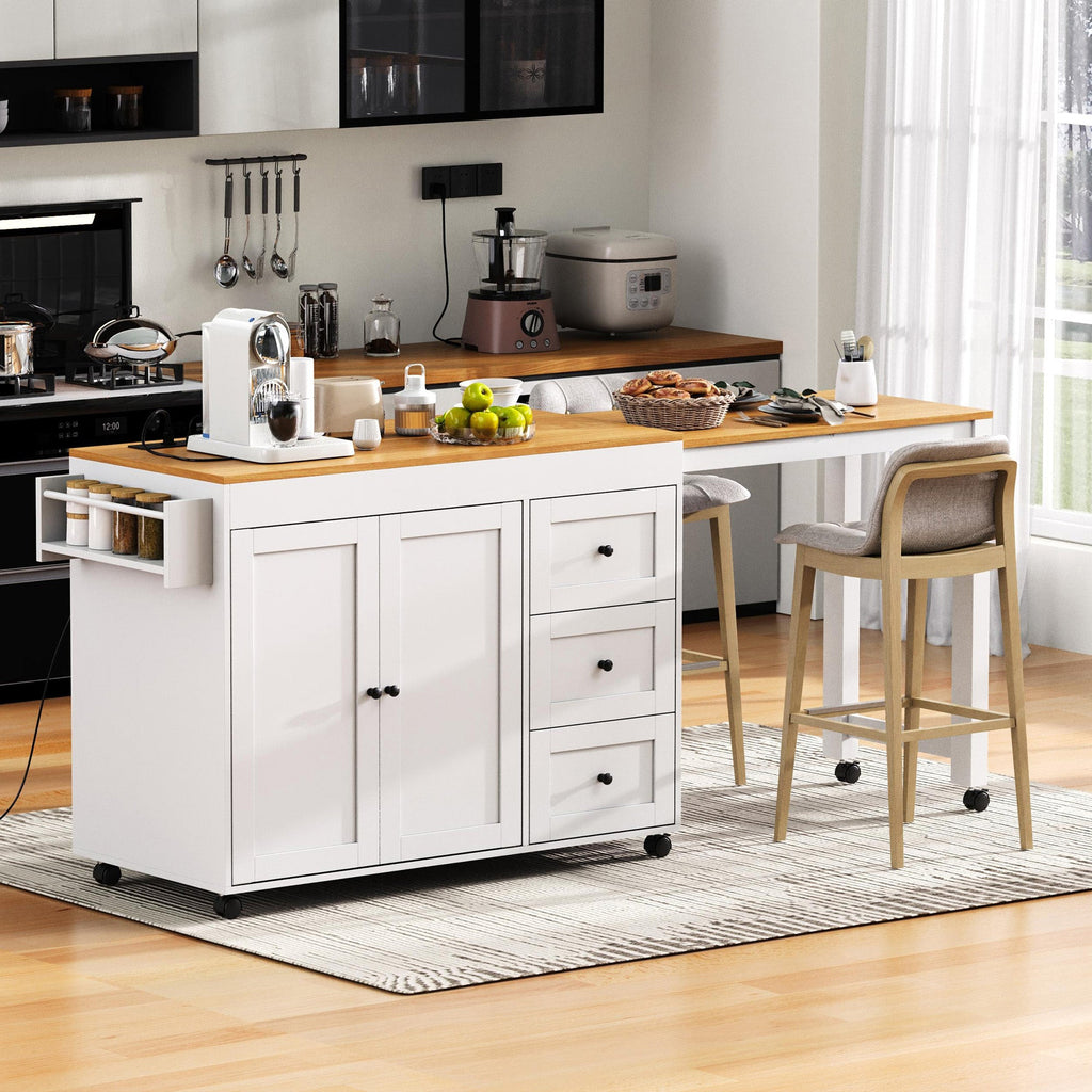 Kitchen Island with Extendable Dining Table and Power Outlet - White