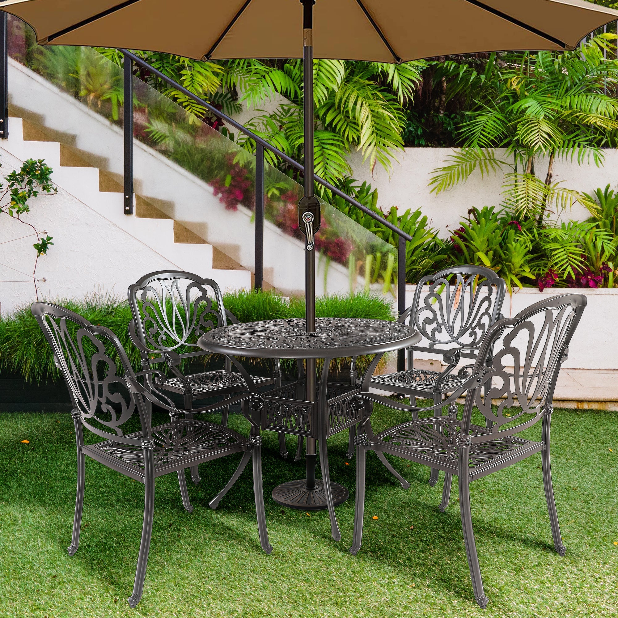 Buy 5PCS Outdoor Furniture Dining Table Set Patio Furniture Includes 1 Round Table and 4 Chairs with Umbrella Hole