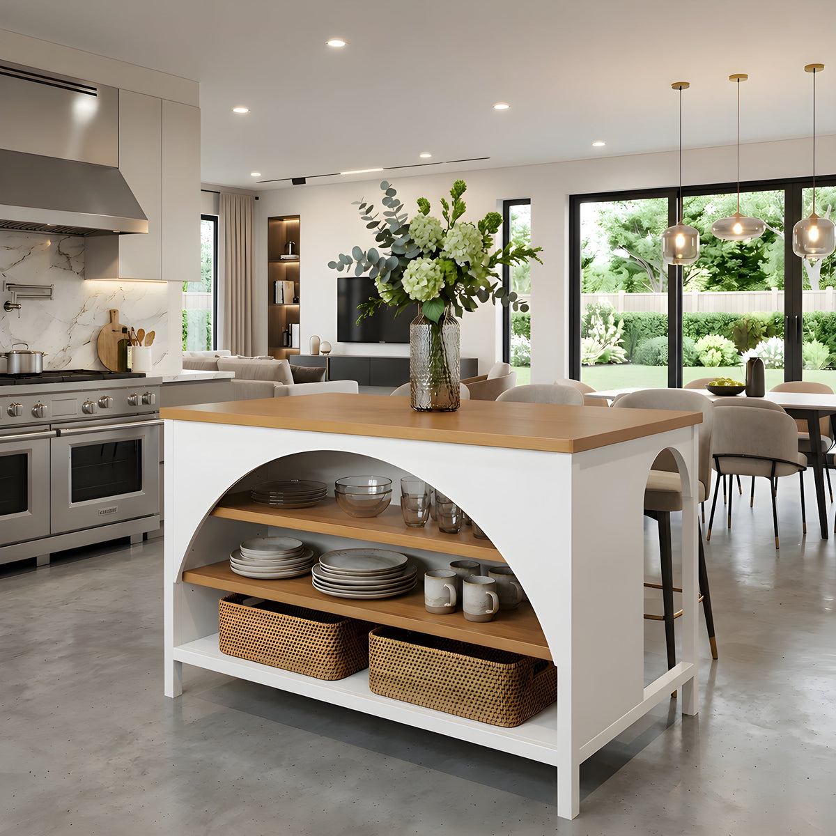 56" Farmhouse Kitchen Island with Open Storage – Green/Natural or White+Natural