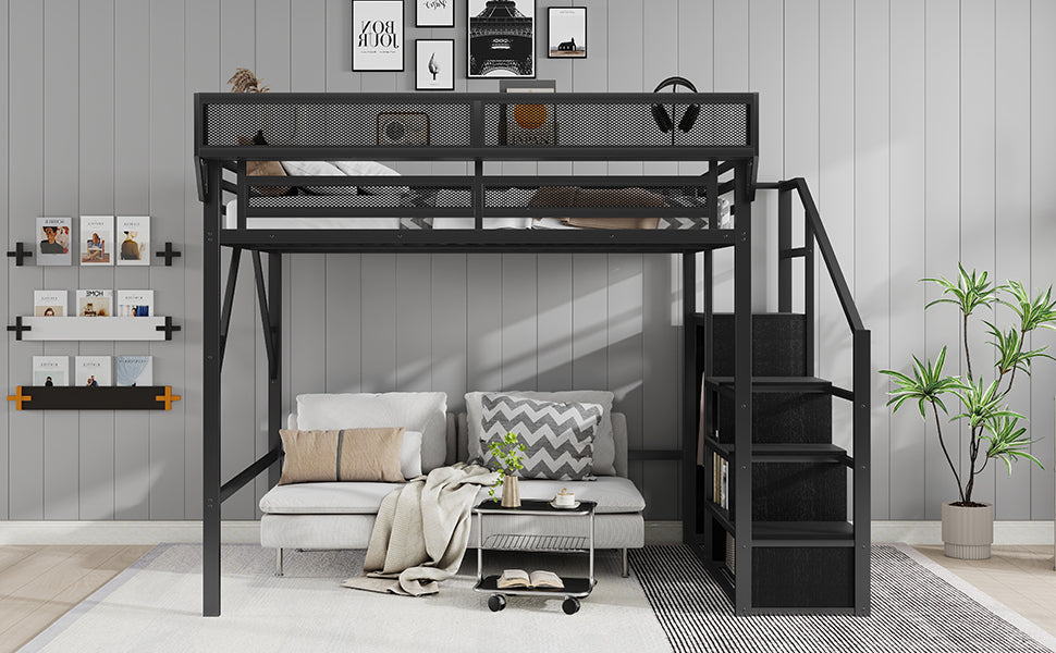 Queen Size Loft Bed with Stairs, Metal Loft Bed with Storage Shelves