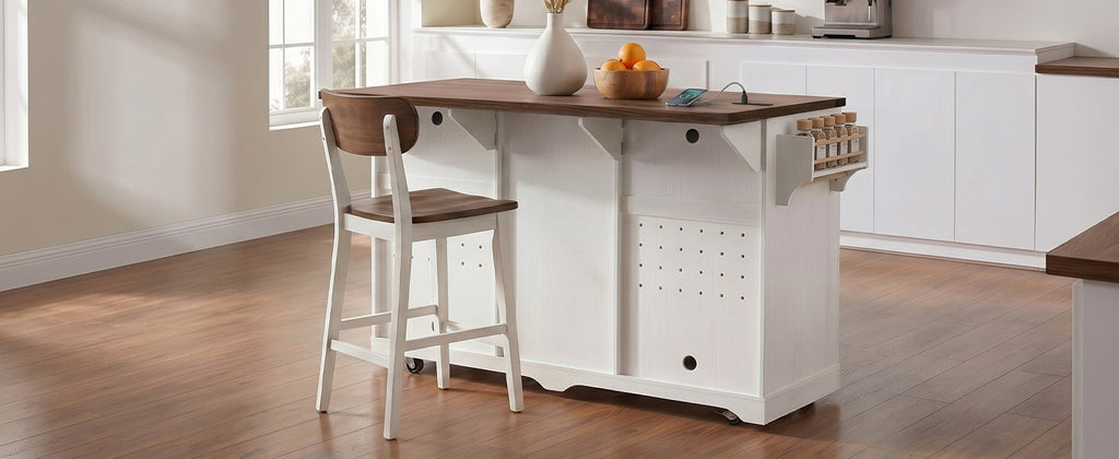 72" Farmhouse Kitchen Island with Fridge Storage and Power Outlets - Imitation Wood Grain
