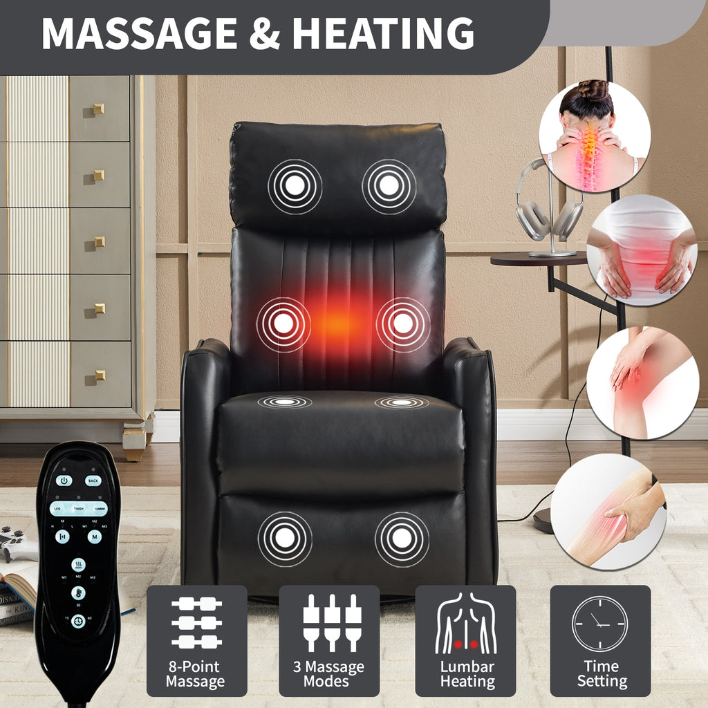 Black Faux Leather Recliner Chair with Heat & Massage - Manual Recliner
