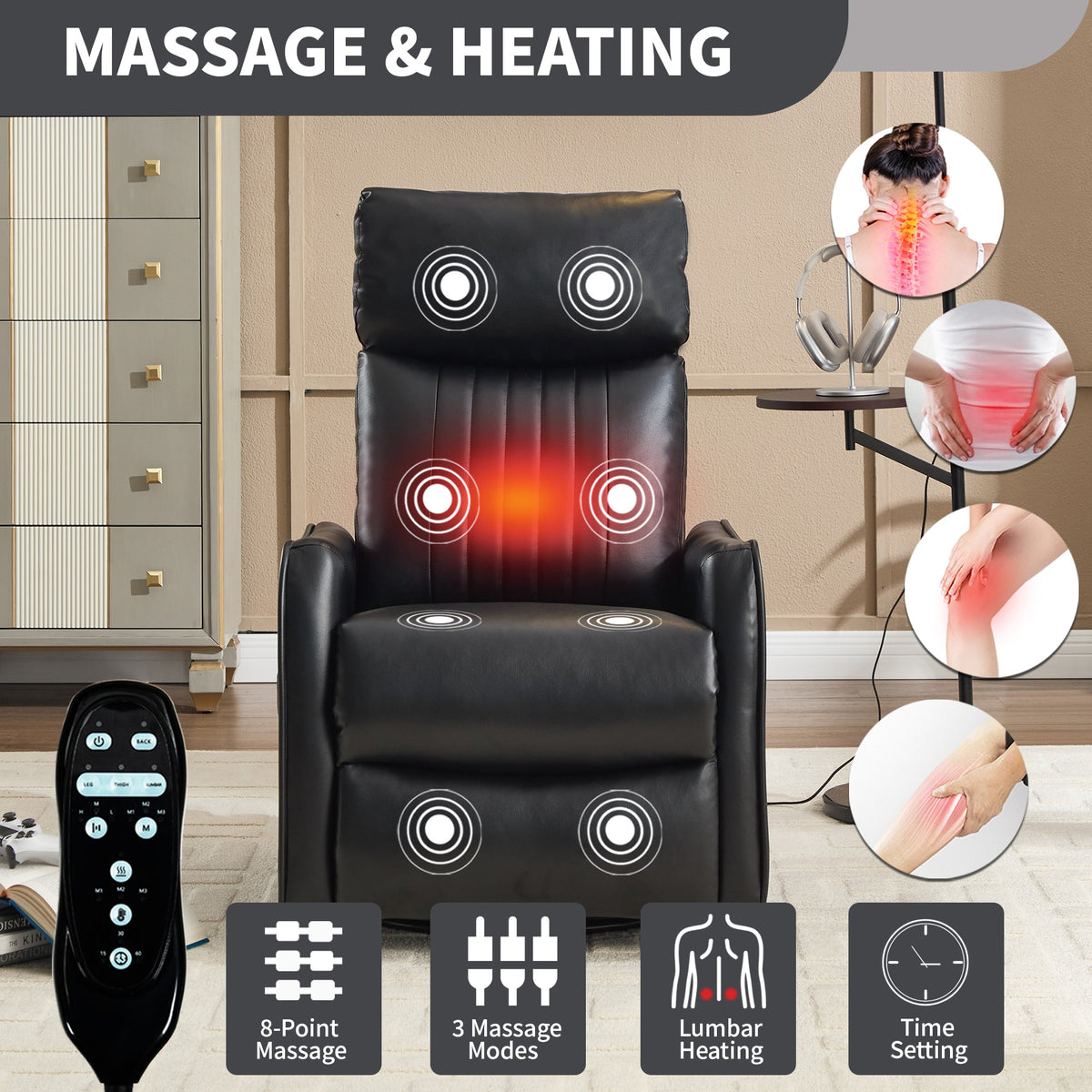 Black Faux Leather Recliner Chair with Heat & Massage - Manual Recliner