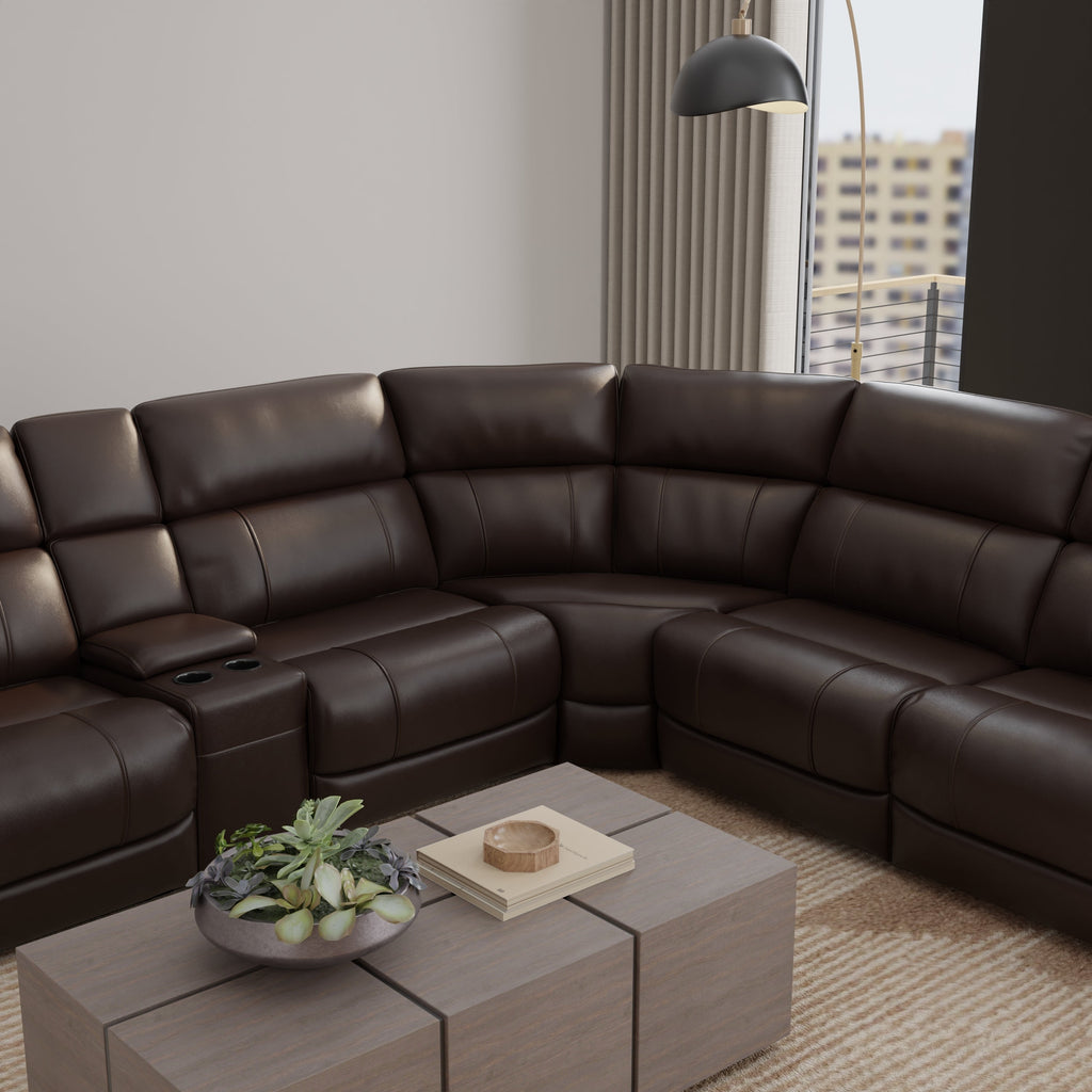 6-Piece Leather Power Sectional in Brazil Tobacco