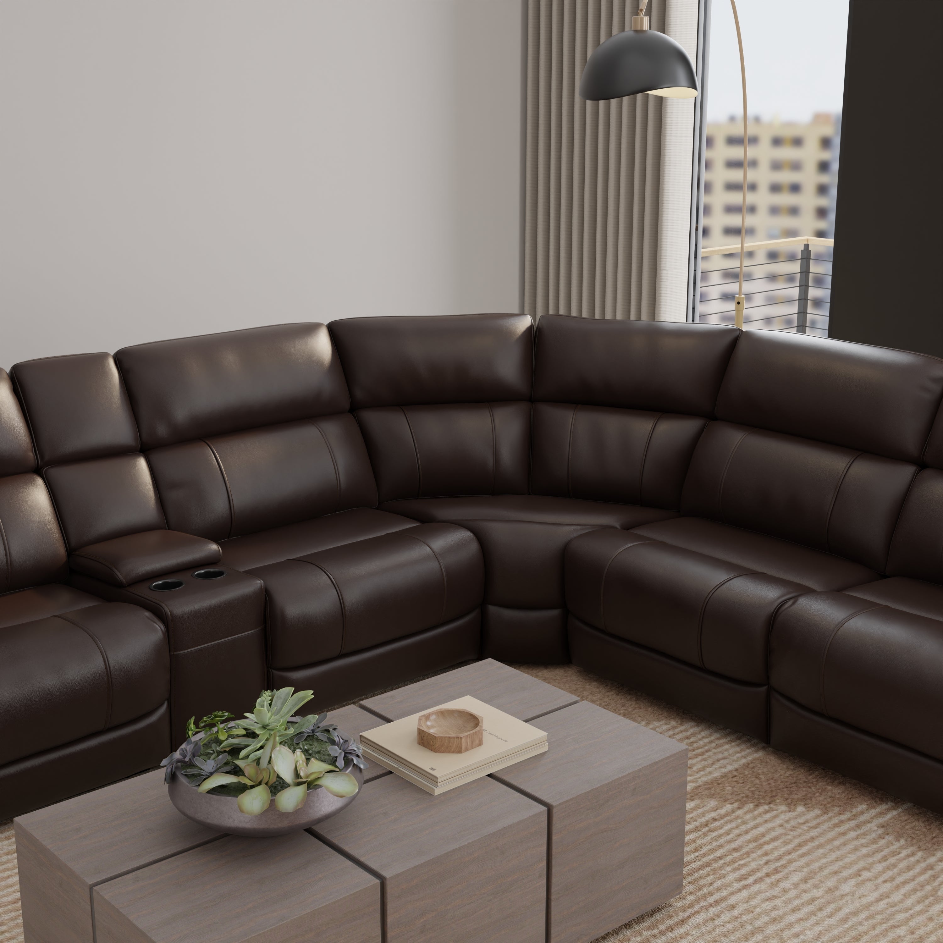 6-Piece Leather Power Sectional in Brazil Tobacco