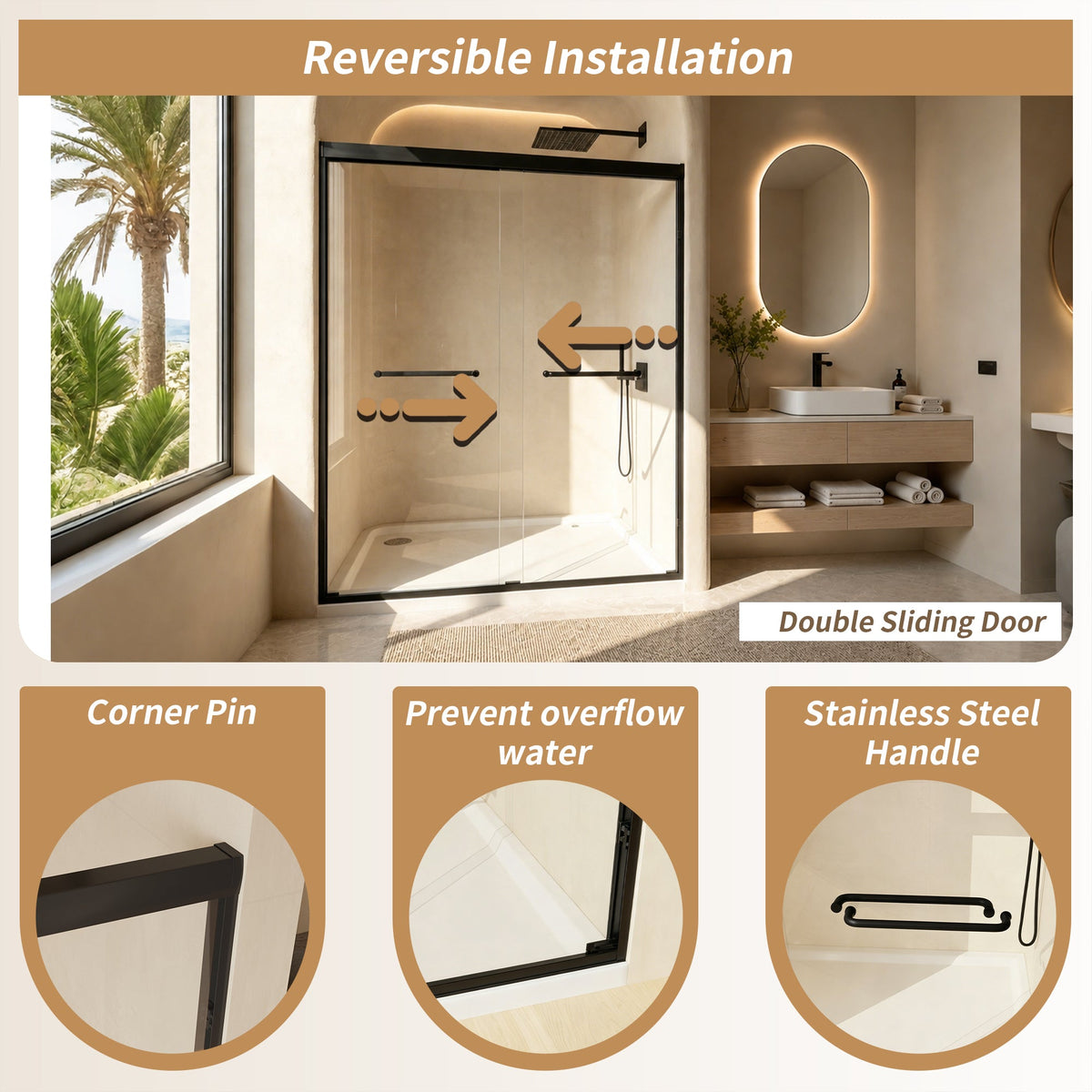 56-60" W × 72" H Tempered Glass Aluminum Frame Double Sliding Shower Door