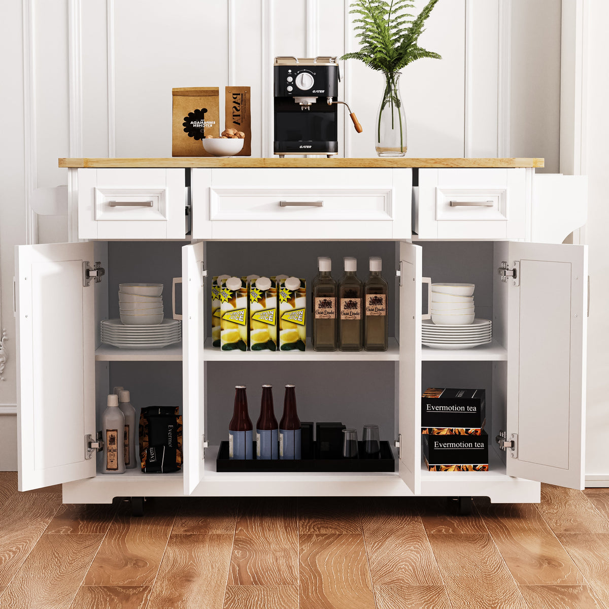 54-Inch Large Kitchen Island with Drop Leaf and Storage - White