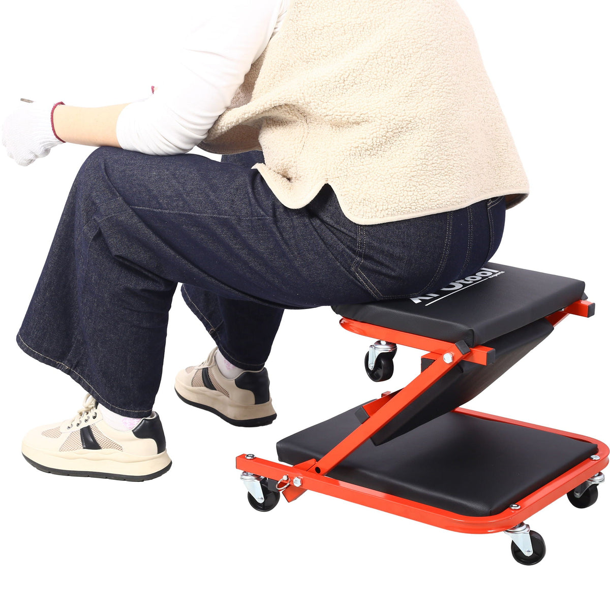 Red Z Creeper Mechanic Seat with Steel Frame and 6 Wheels - 2 in 1