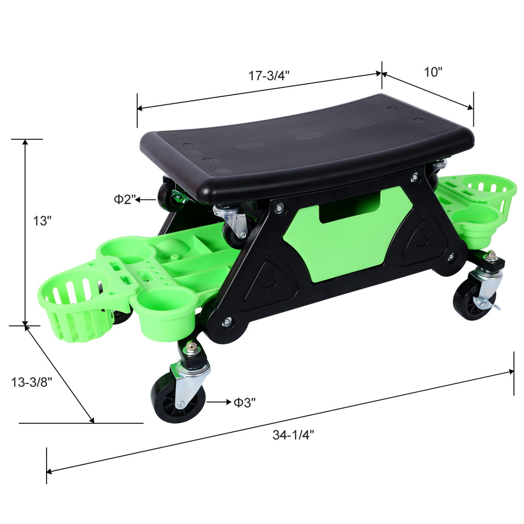 Rolling Detailing Creeper Seat with Removable Tool Trays - Green