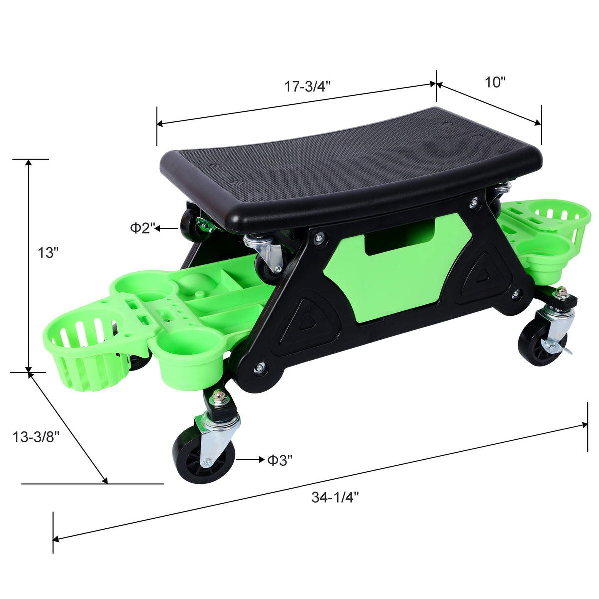 Rolling Detailing Creeper Seat with Removable Tool Trays - Green