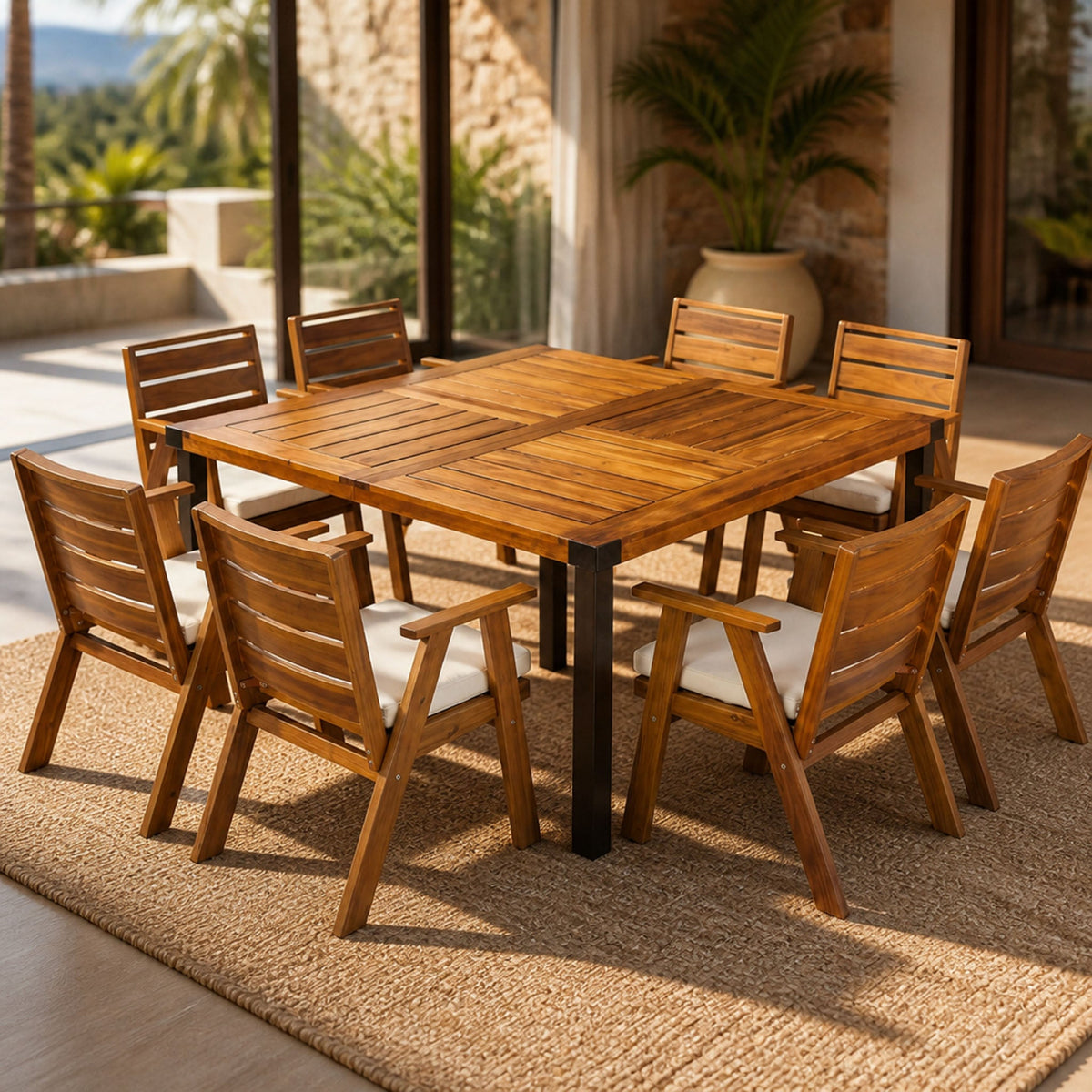 9‑Piece Acacia Wood Outdoor Dining Set, 64" Square Teak Finish Wooden Table & 8 Arm Chairs with