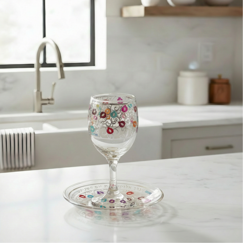 Glass Kiddush Cup Set with Pomegranate Design – Pomegranate Series