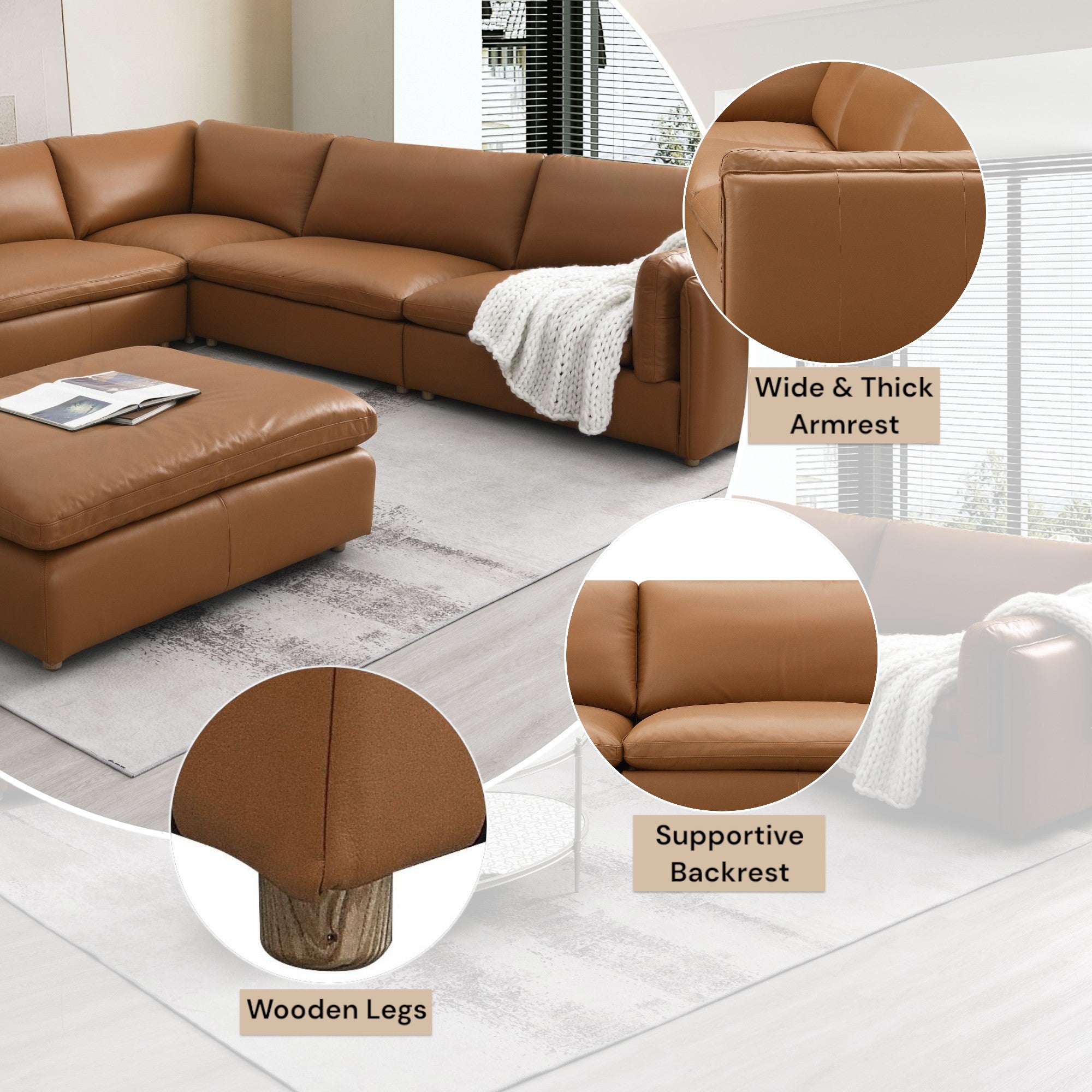 Brighton Top Grain Leather 5 Pieces Modular Sectional