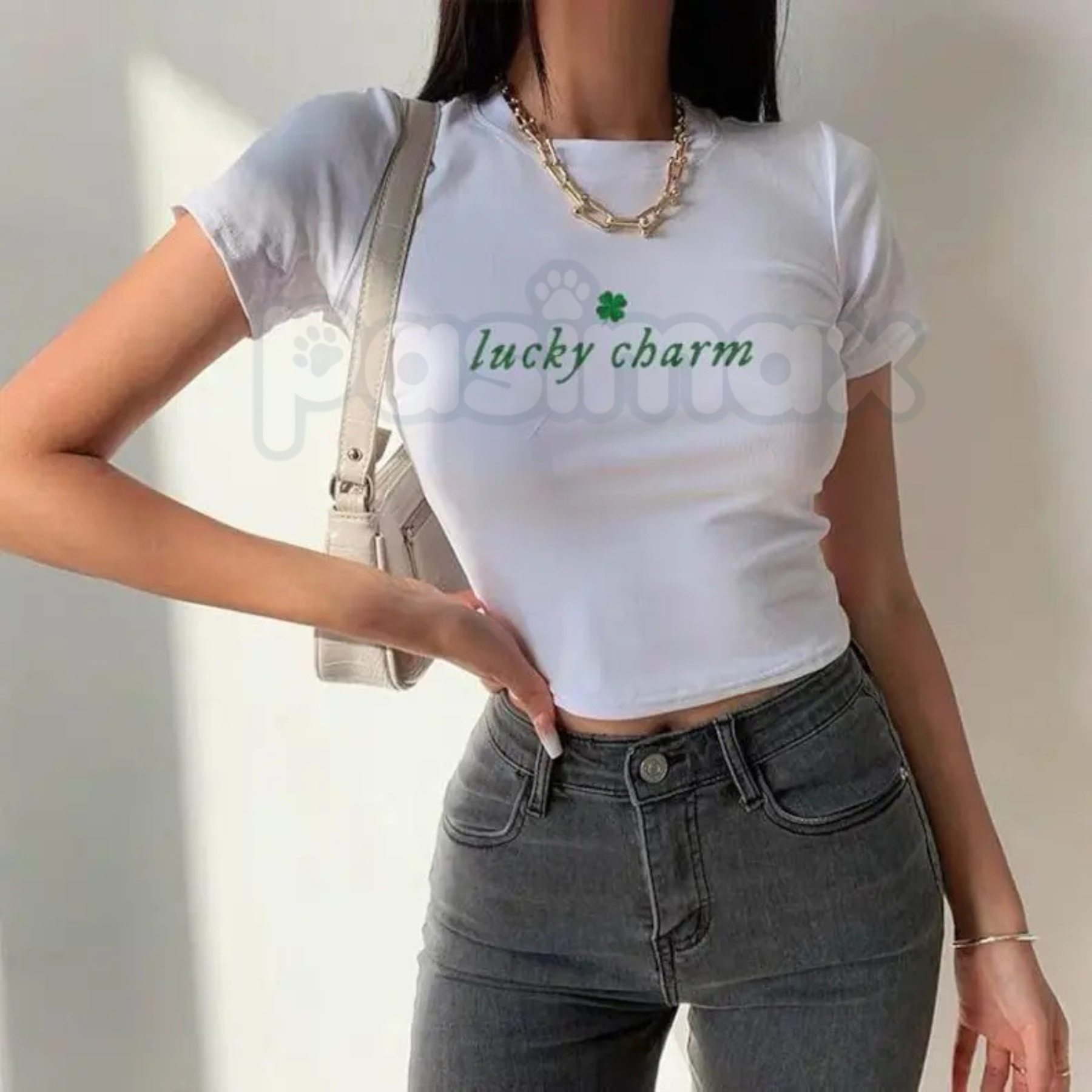 "Lucky Charm" Varsity St. Patrick's Day Baby Tee - Retro Collegiate 90s Aesthetic Top, Premium 100% Cotton Sporty St. Paddy's Shirt, Cute Lucky Charm Club Graphic Tee, Y2K Aesthetic Gift for Her, Soft Lived-In Green Clover Streetwear